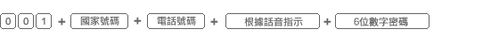 001+country code+destination number + follow voice instruction +6-digit PIN